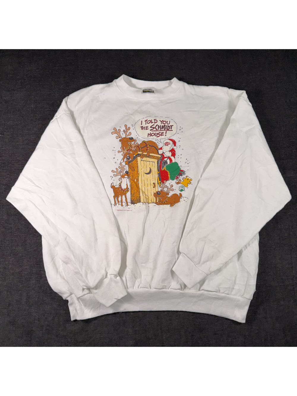 Vintage Tultex White Christmas Sweatshirt with Santa and Reindeer Graphic XL
